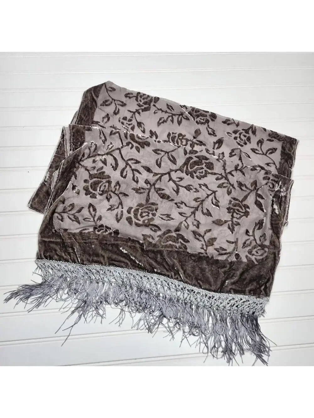 Cejon | Gray Velvet Floral Fringed Table Runner 72 x 21 Inches